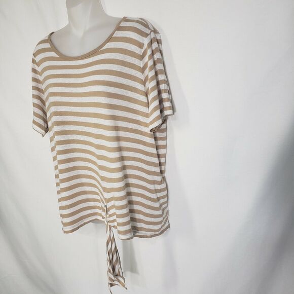 Michael Kors Women's Top Large Striped Linen Blend Beige Front Tie Short Sleeve - Picture 6 of 10